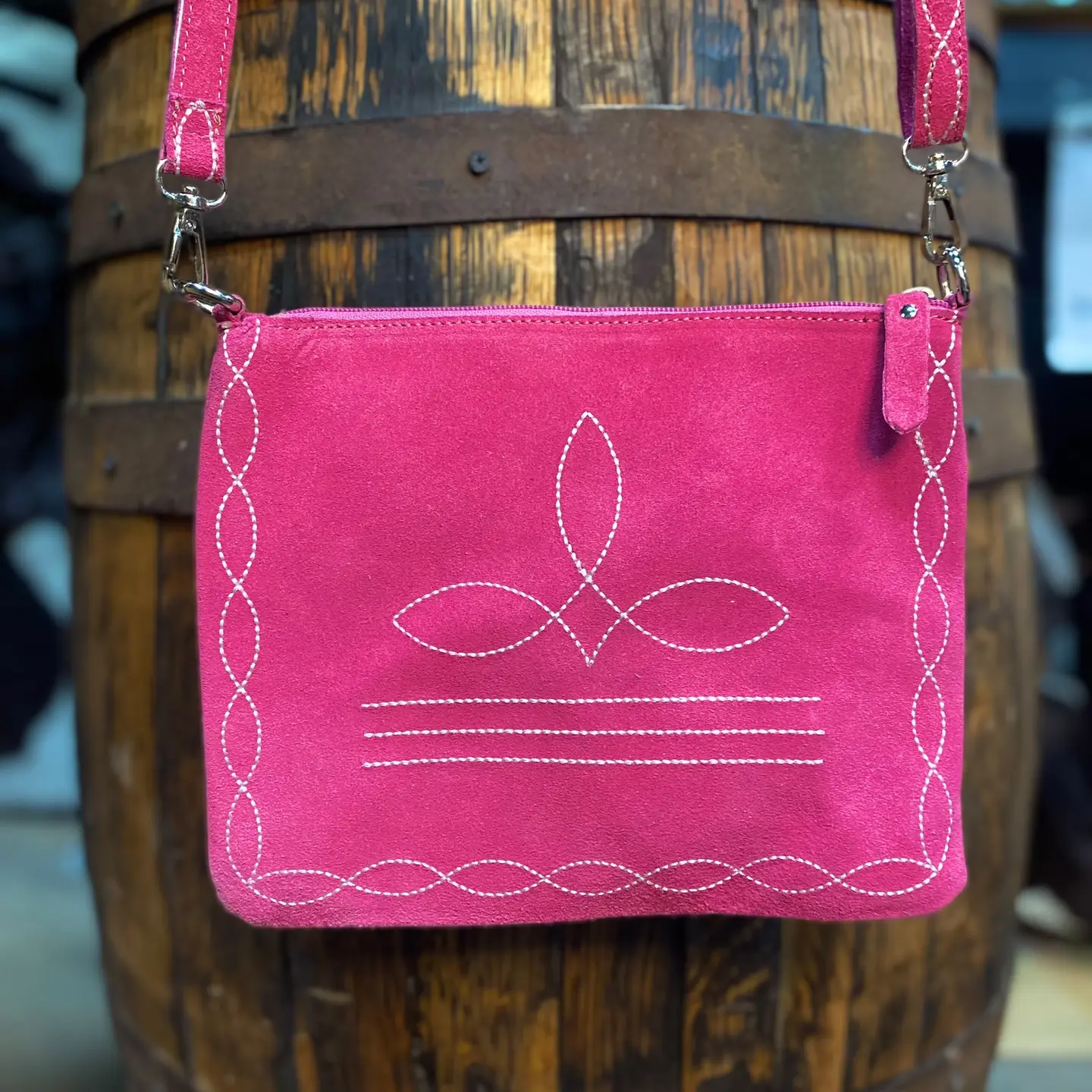 Pink Suede Leather Bootstitch Crossbody