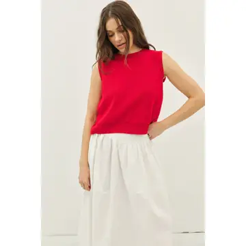 Sweater Vest Top with Back Contrast Bow Tie Details - Red
