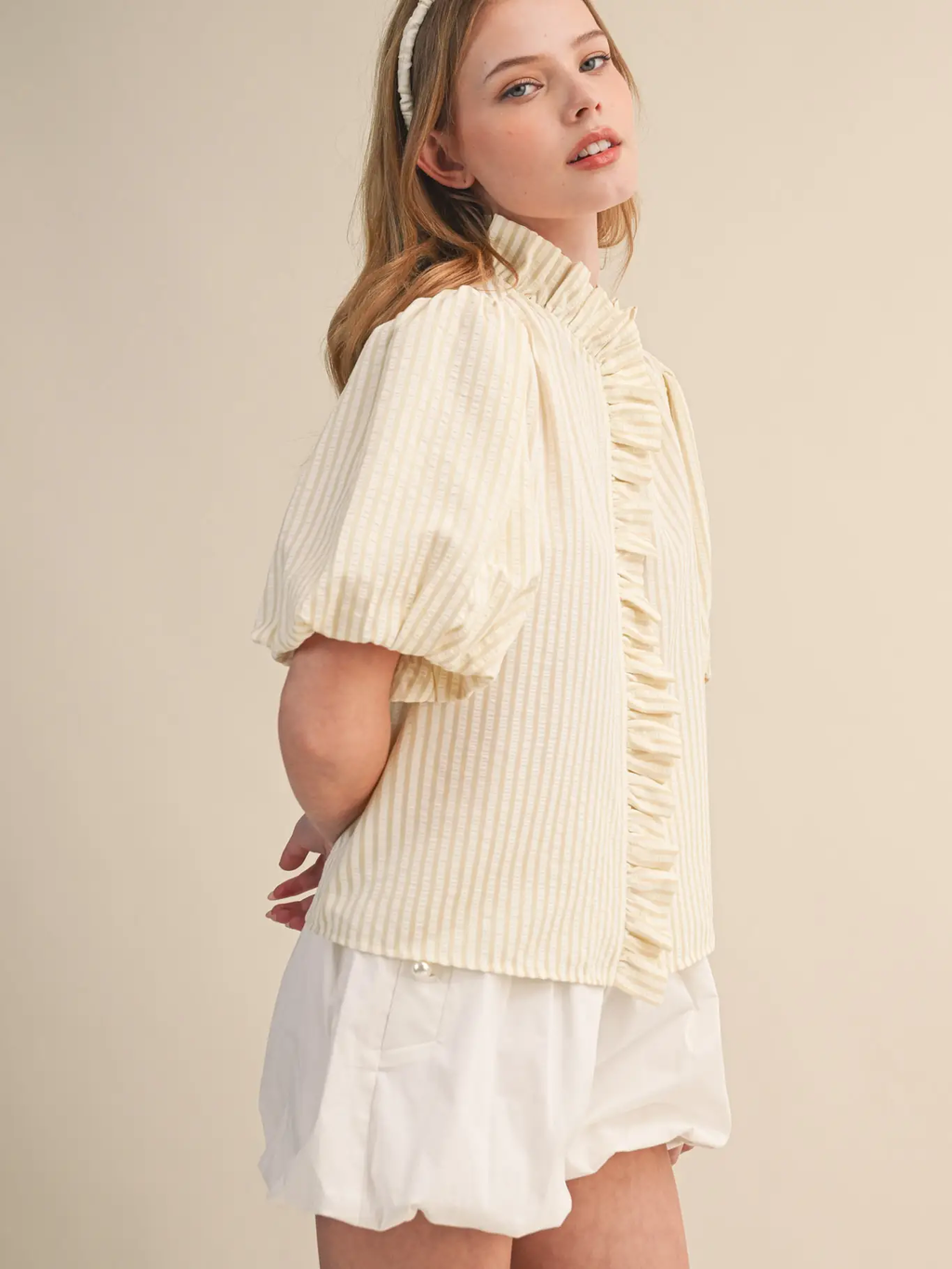 Striped Ruffled Button Down Top - LIGHT TAUPE