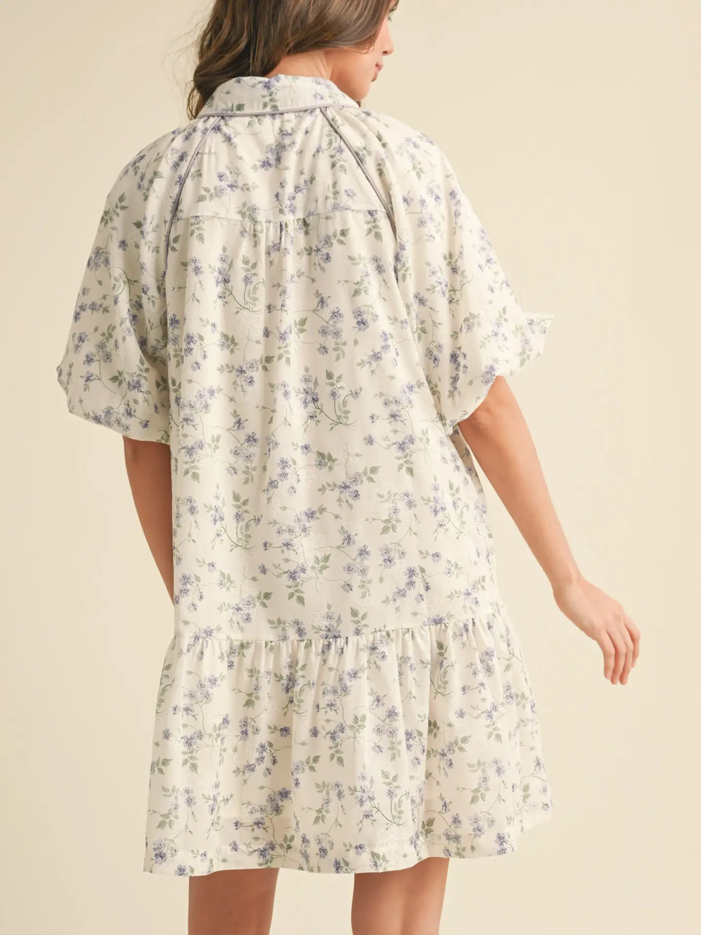 Bubble Sleeve Button Down Floral Mini Dress - GOLDEN YELLOW FLORAL