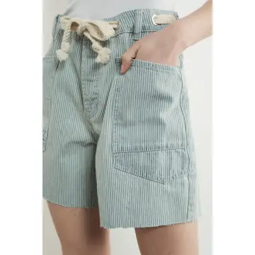 Vintage Washed Barrel Denim Shorts W/Grommet Waist - DENIM STRIPES