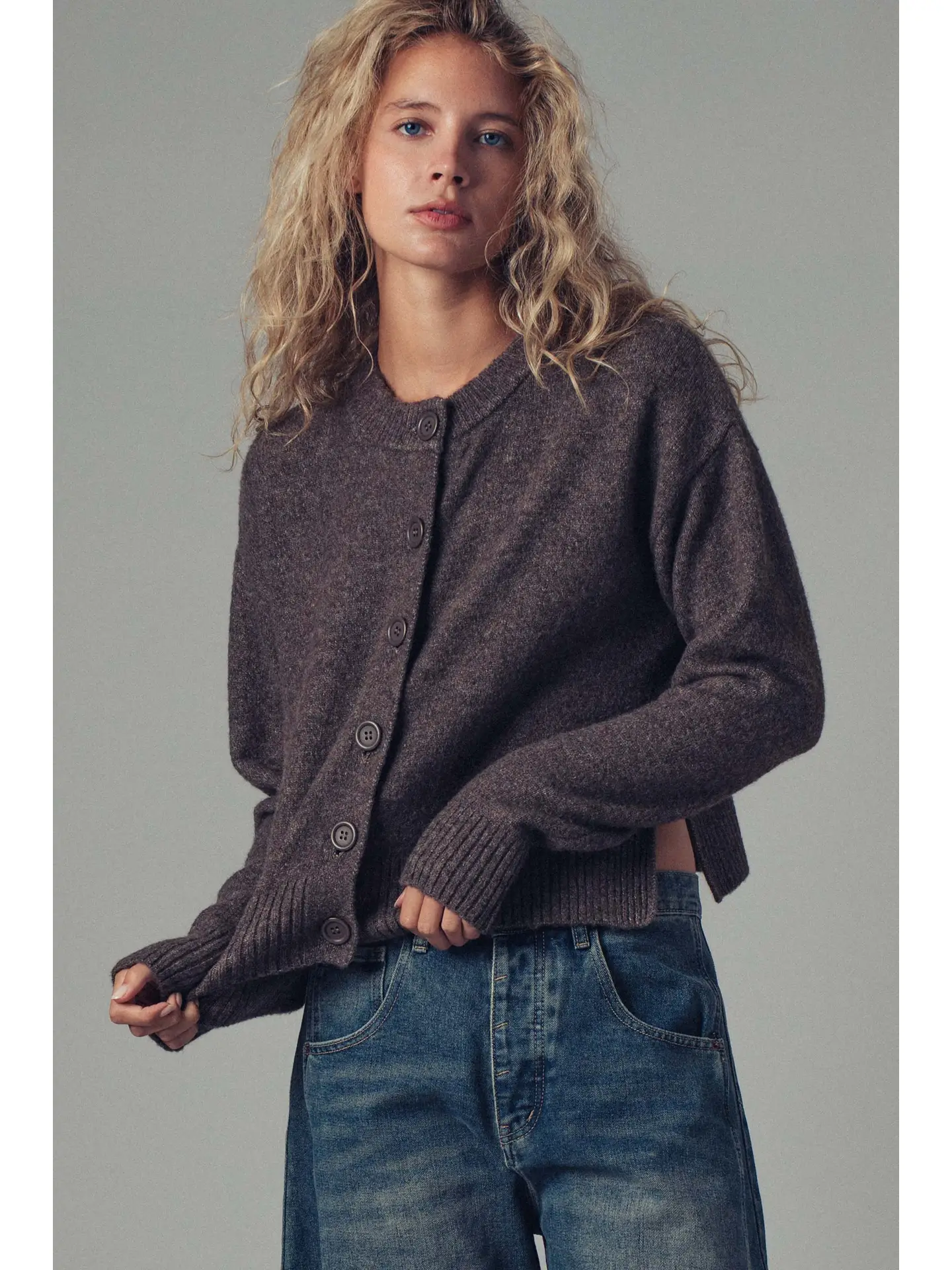 Relaxed Wool Blend Button-Up Cardigan - MOCHA