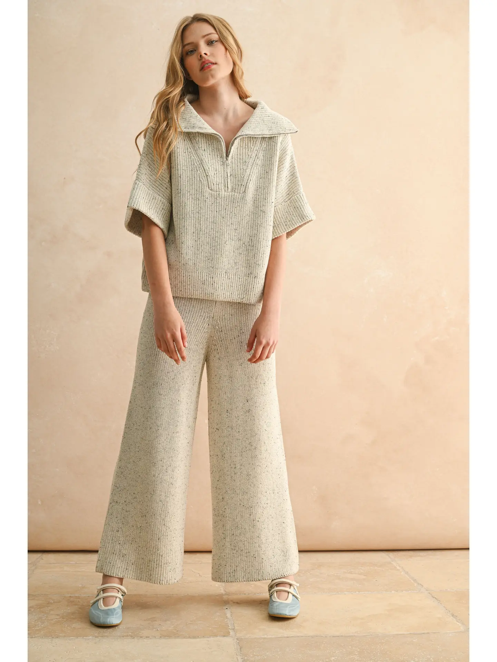 Half Zip Short Sleeve Knitted Top