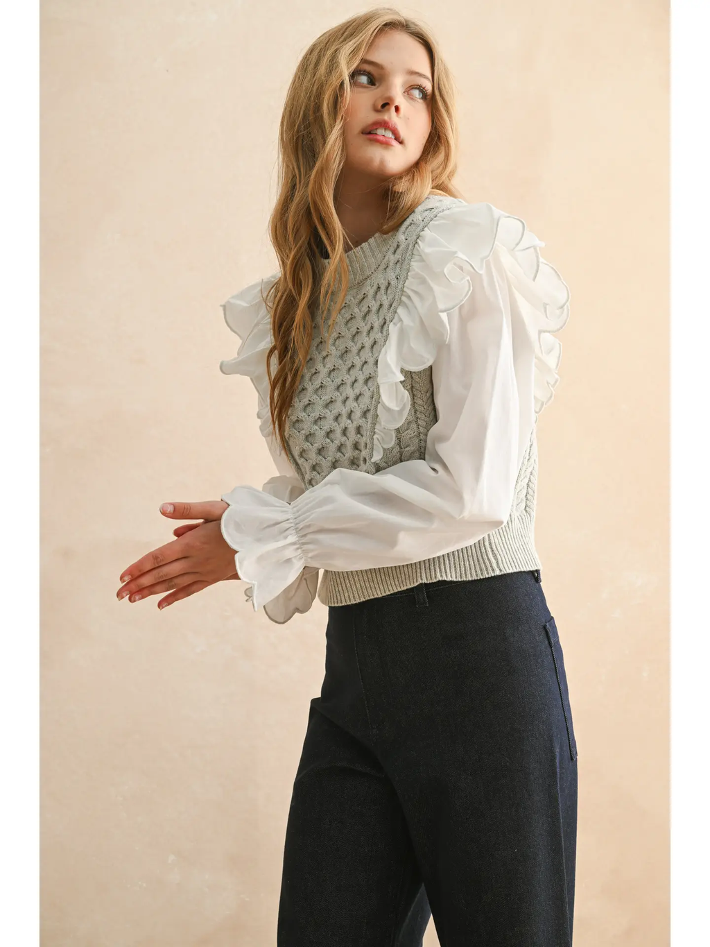 Ruffle Trimmed Long Sleeve Sweater Combo Blouse - Heather Grey