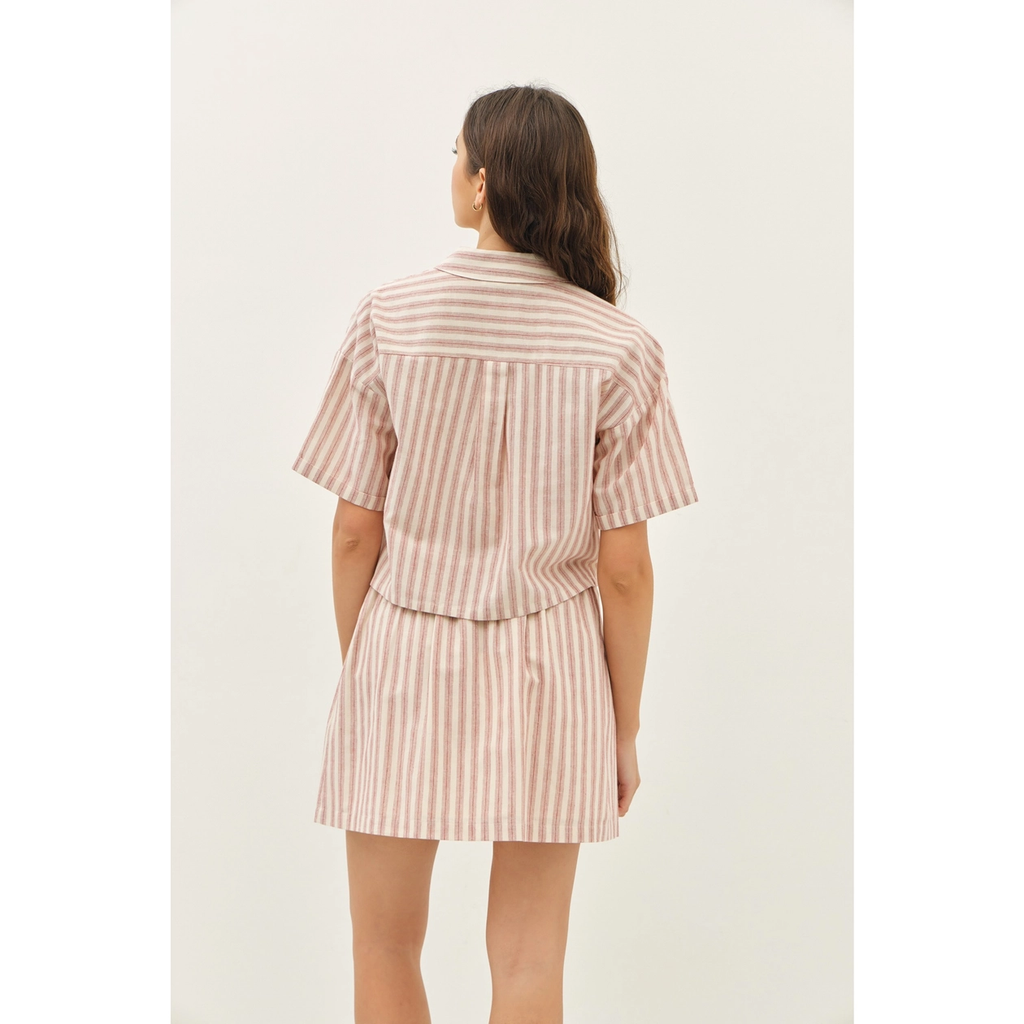 Stripe Mini Skirt with Elastic Band and Pockets - Red