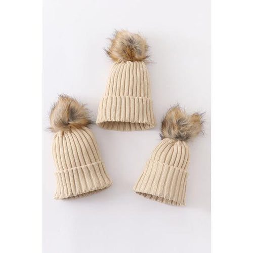 BEIGE KNIT POM POM BEANIE