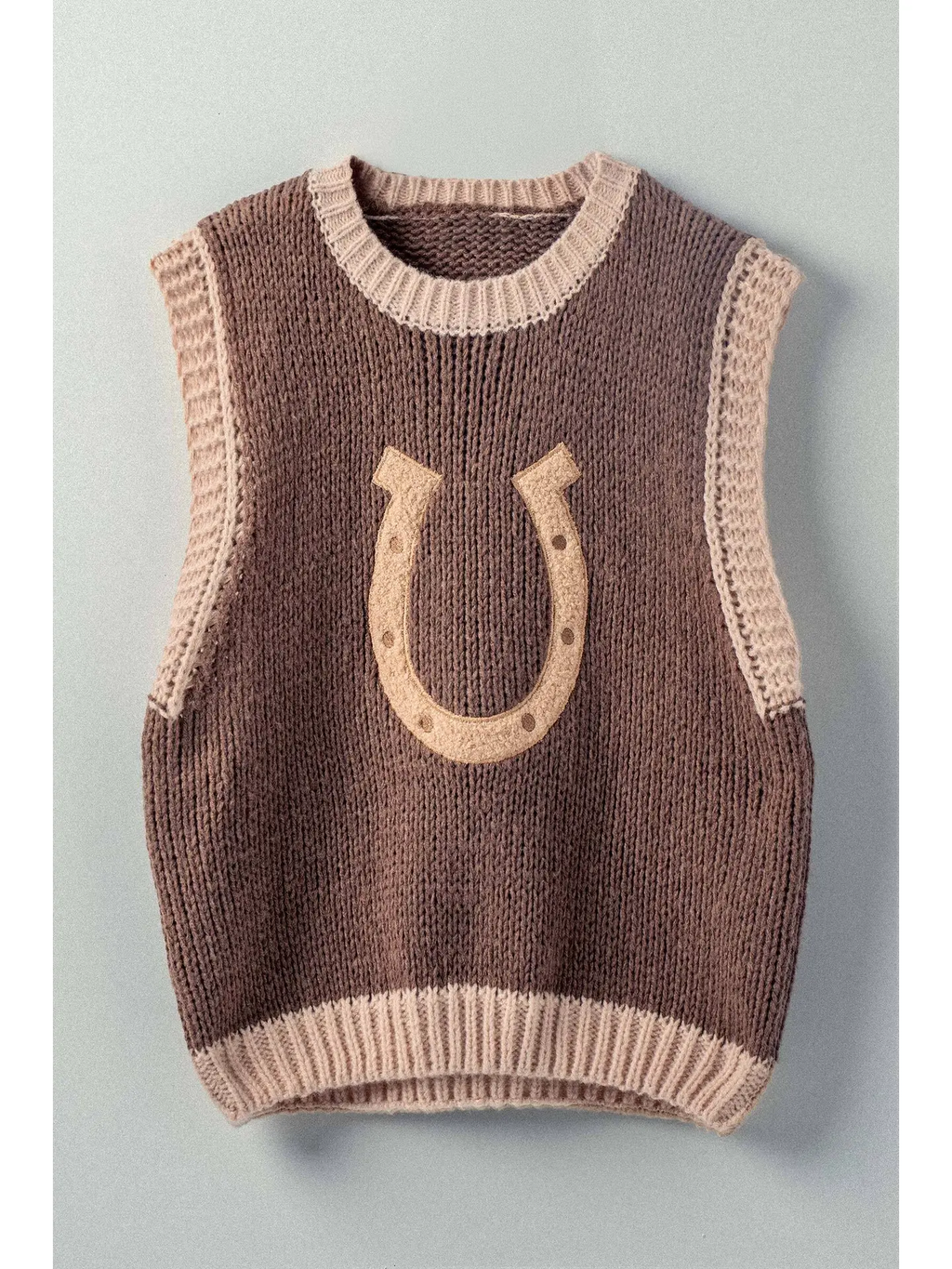 Western Horseshoe Crochet Knit Ribbed Trim Sweater Vest - BROWN