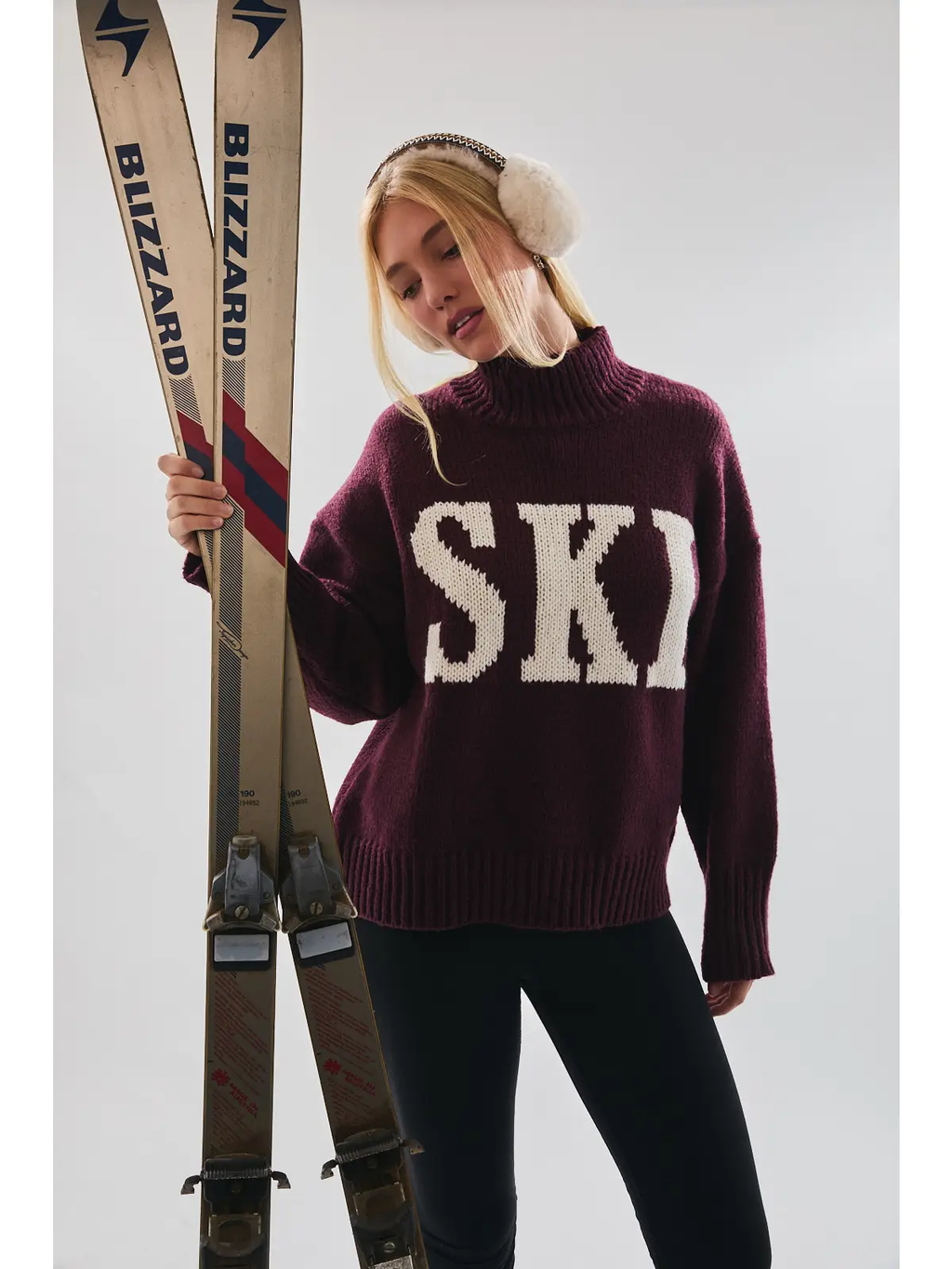 High Neck Oversized Sweater Top - WINE-IVORY