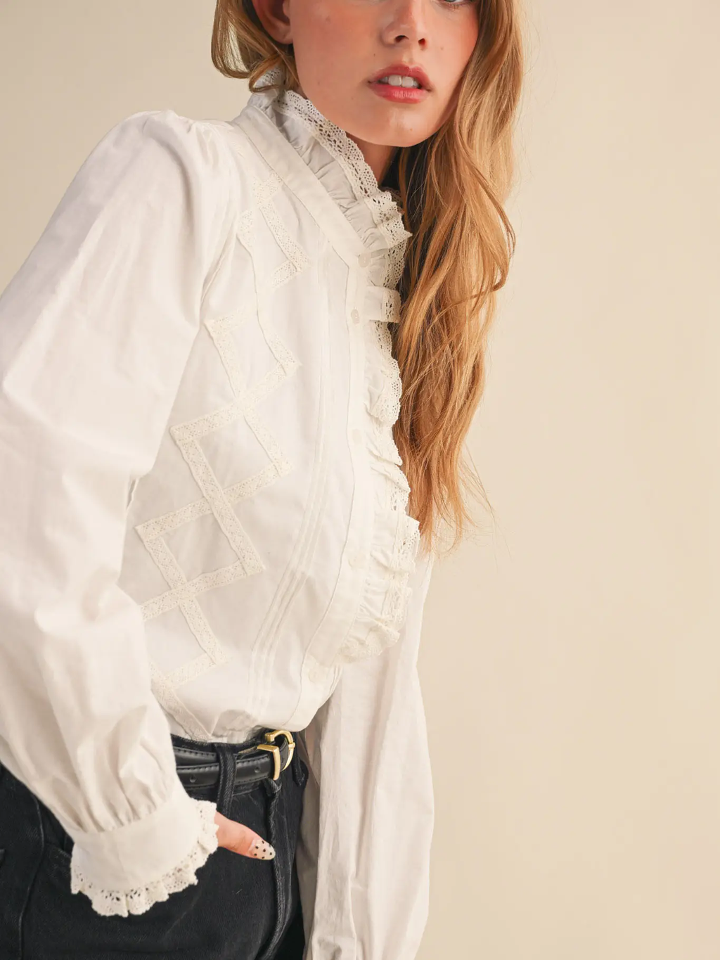 Ruffled Lace Trim Button Down Top