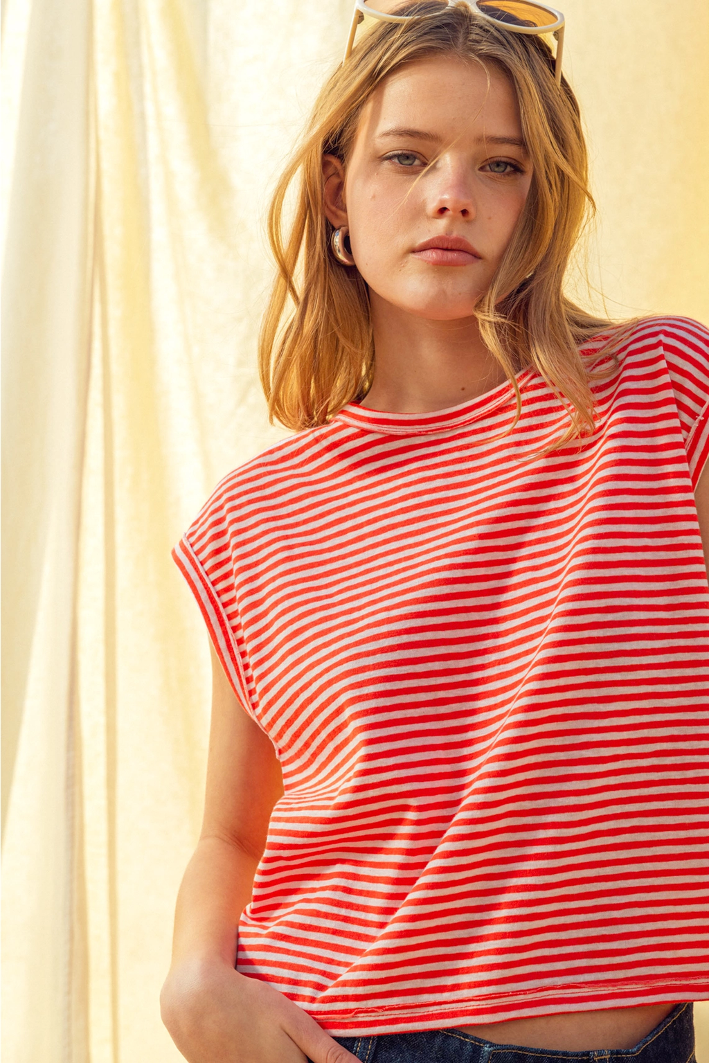 Stripe Pattern Slub Top - Cherry White