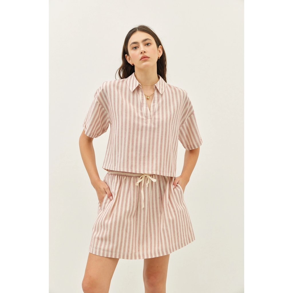 Stripe Mini Skirt with Elastic Band and Pockets - Red
