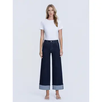High Rise Dark Wash Cuffed Ankle Wide Leg Jeans - REVENUE