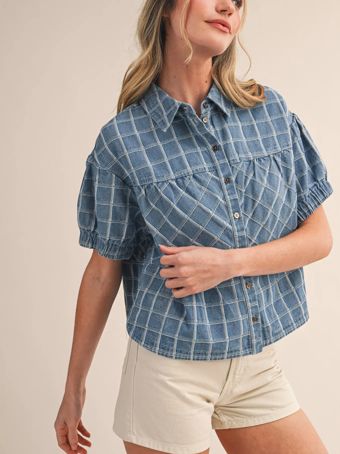 Checkered Denim Button Down Top