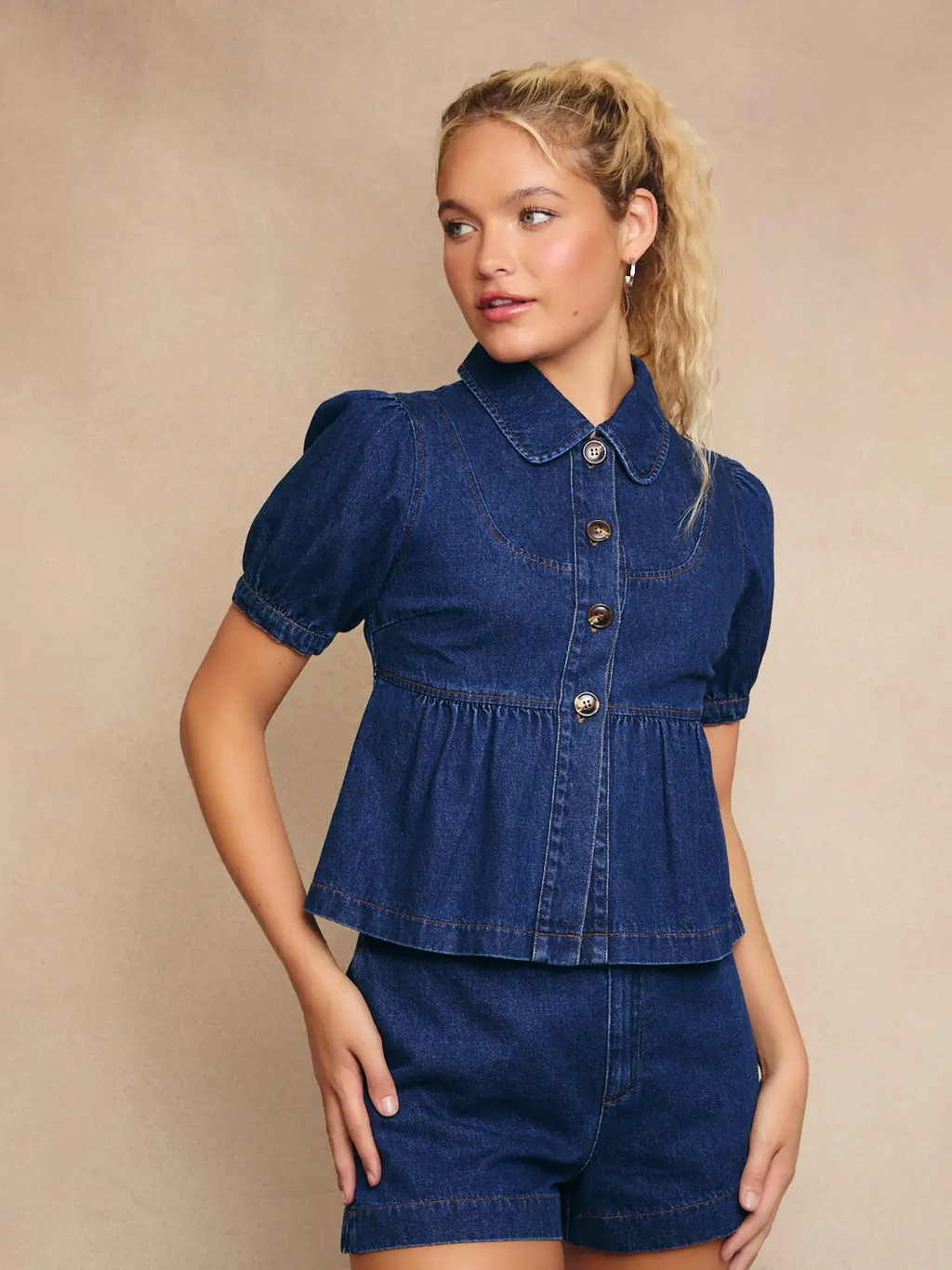Peter Pan Collar Puff Sleeve Denim Top with Mid Rise Shorts