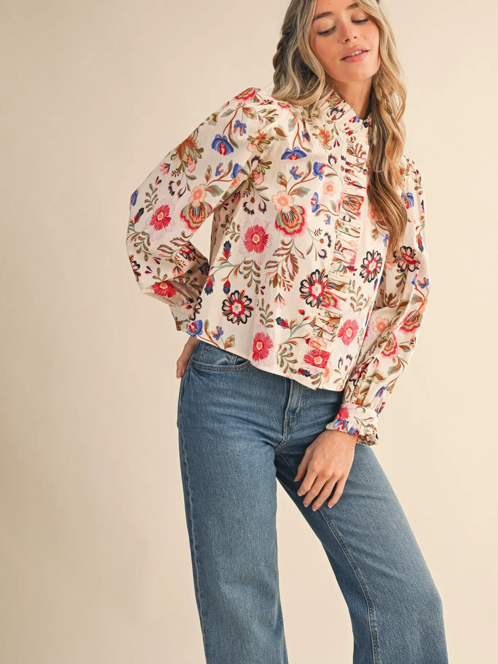 Exclusive Floral Print Ruffled Button Down Top - ASH OLIVE MULTI