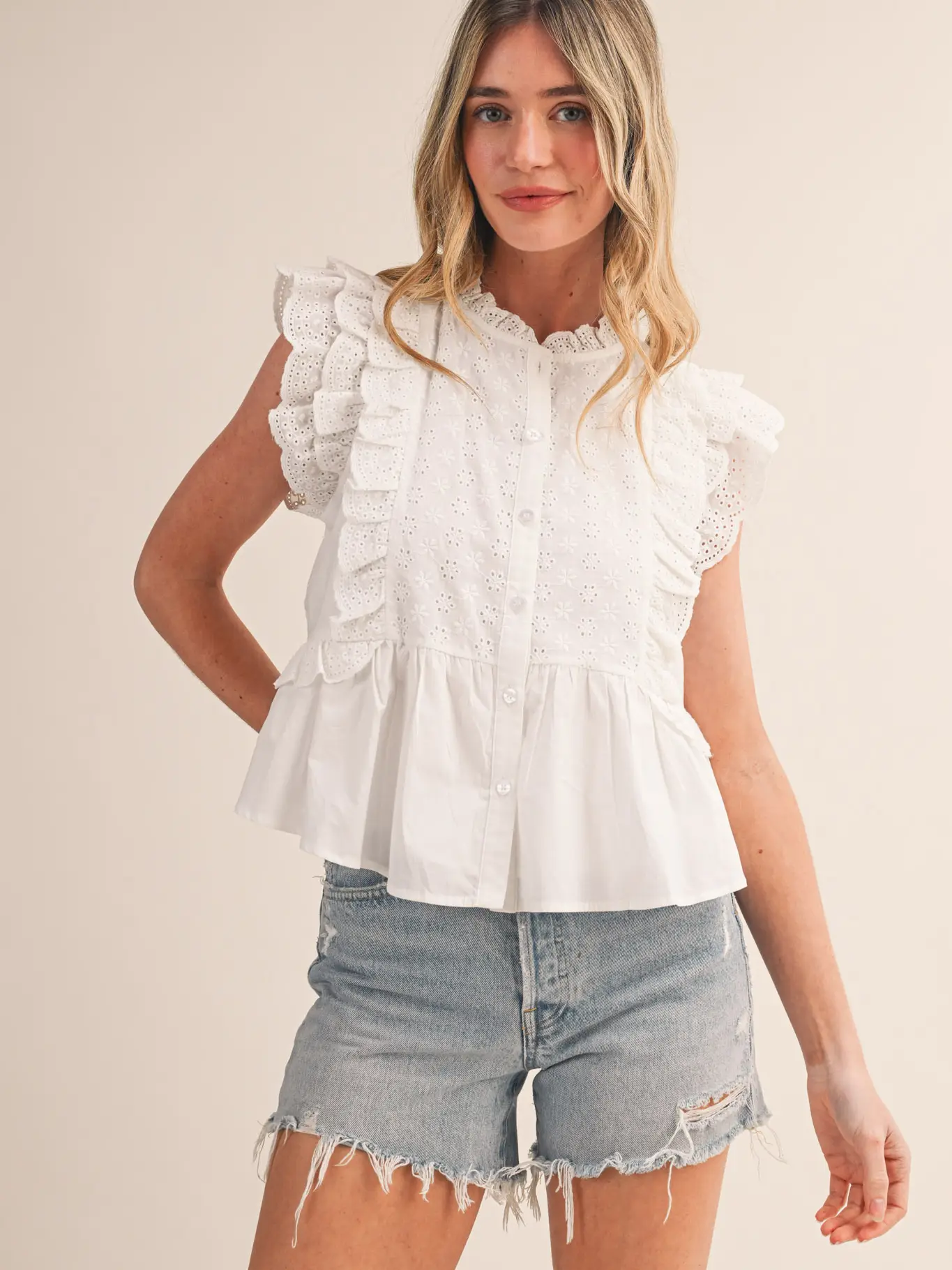 Eyelet Button Down Peplum Top - BLACK