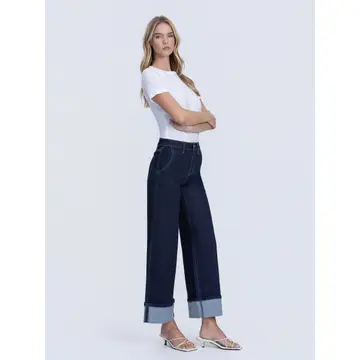 High Rise Dark Wash Cuffed Ankle Wide Leg Jeans - REVENUE