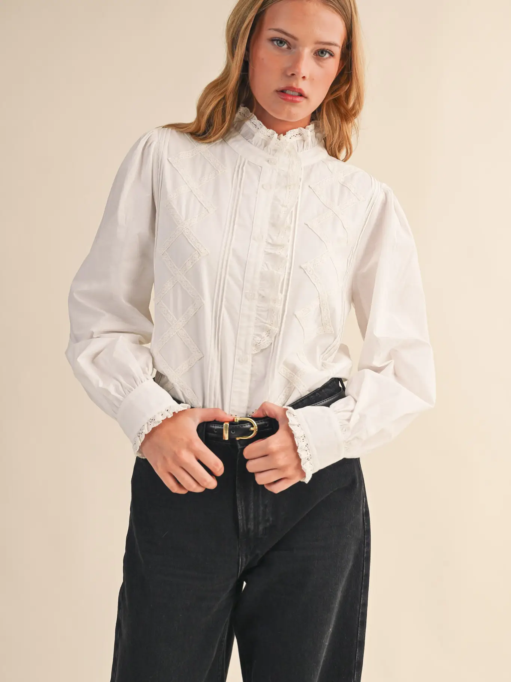 Ruffled Lace Trim Button Down Top