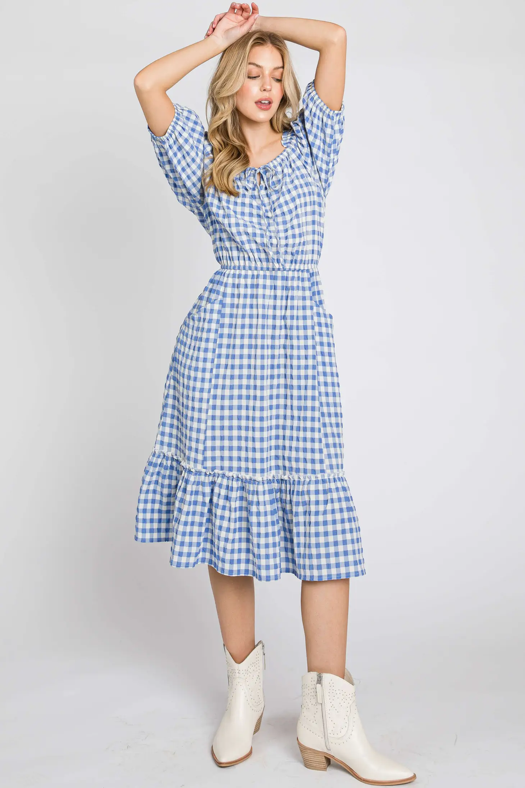 TEXTURED GINGHAM PUFF SLEEVE TIERED DRESS