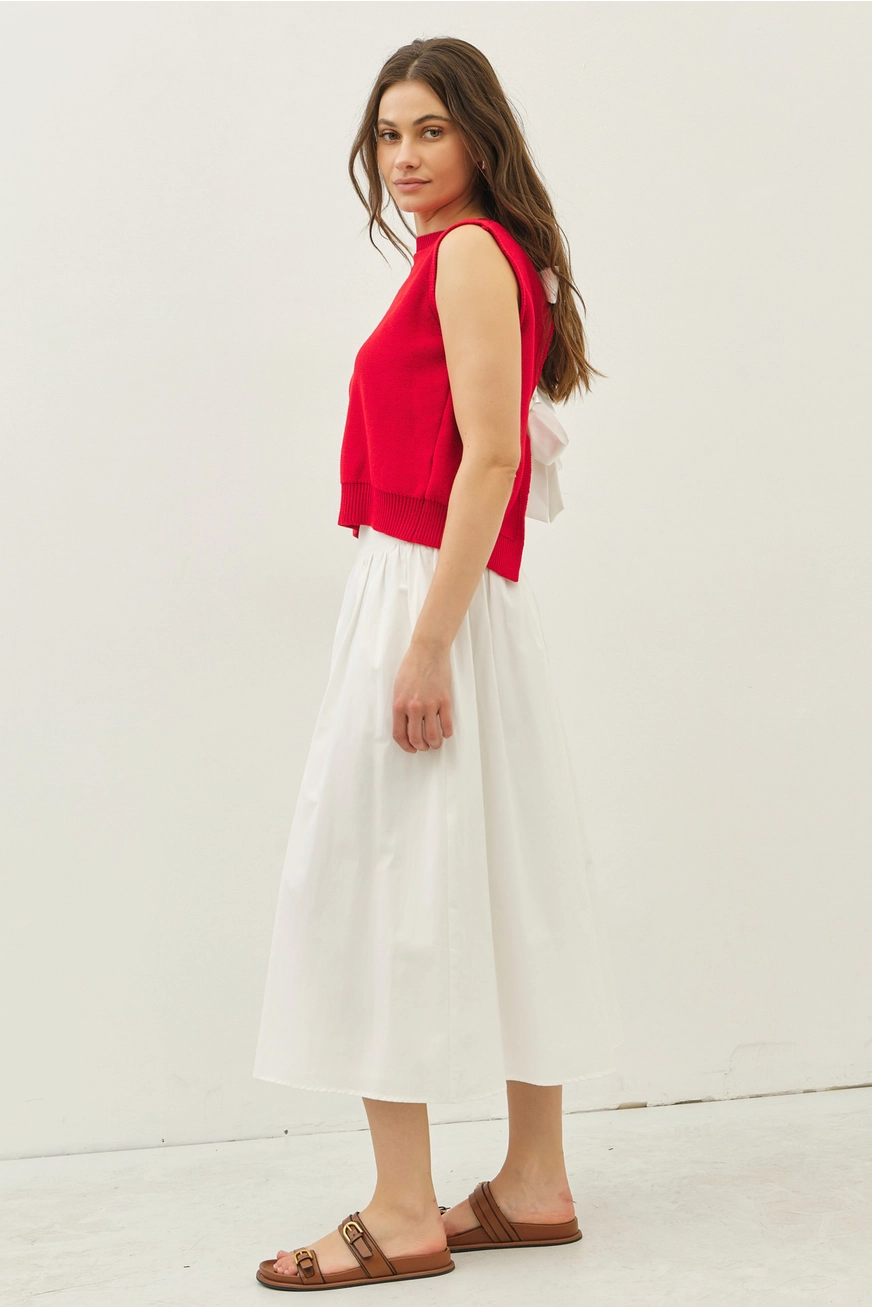 Sweater Vest Top with Back Contrast Bow Tie Details - Red