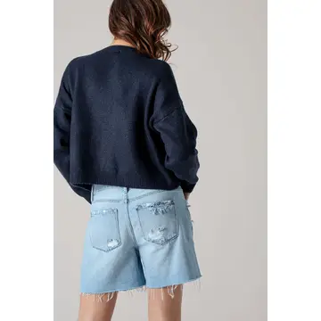 Western Horse Graphic Ribbed Trim Crew Neck Cardigan - NAVY