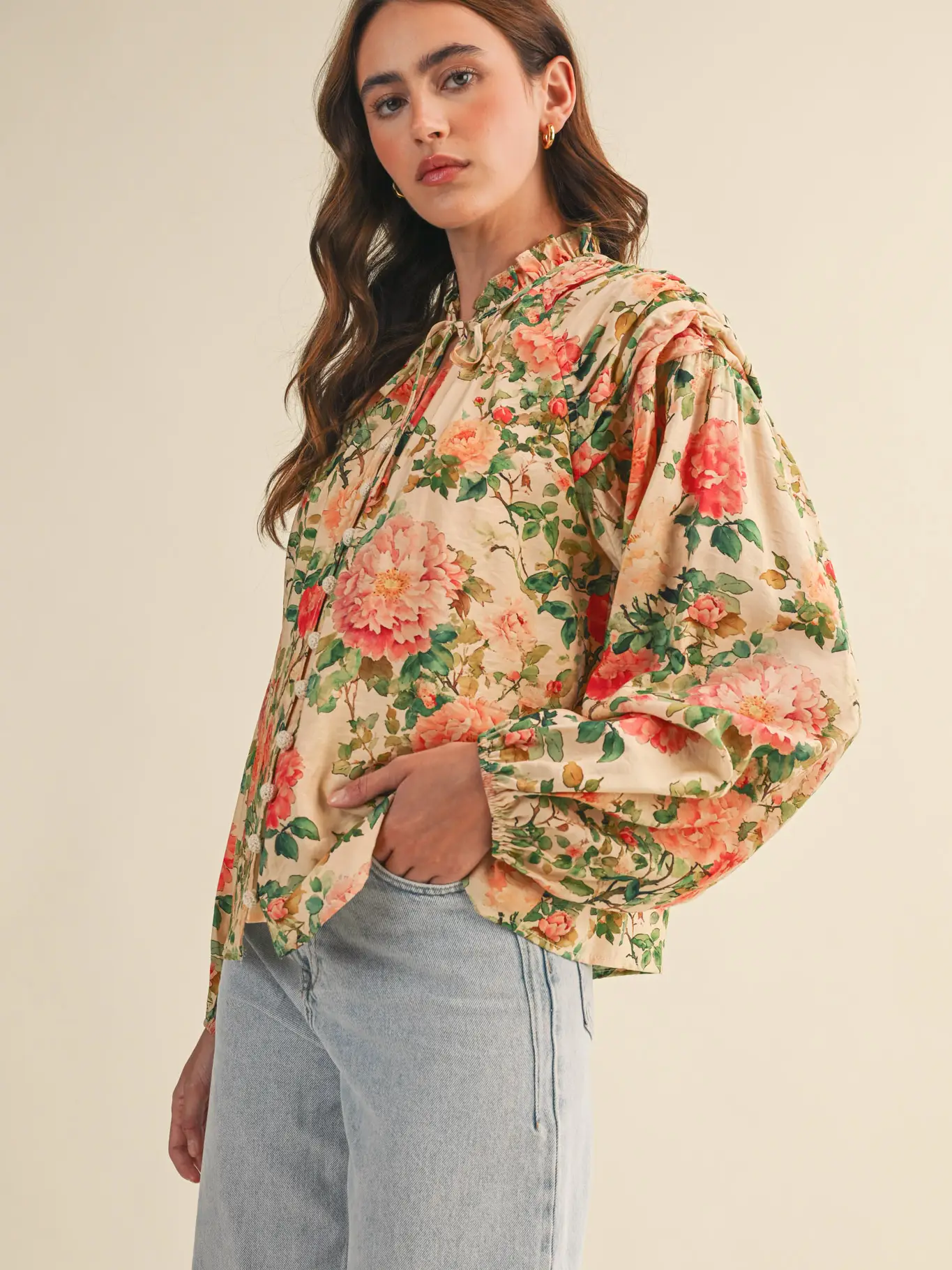 Floral Ruched Button Down Blouse