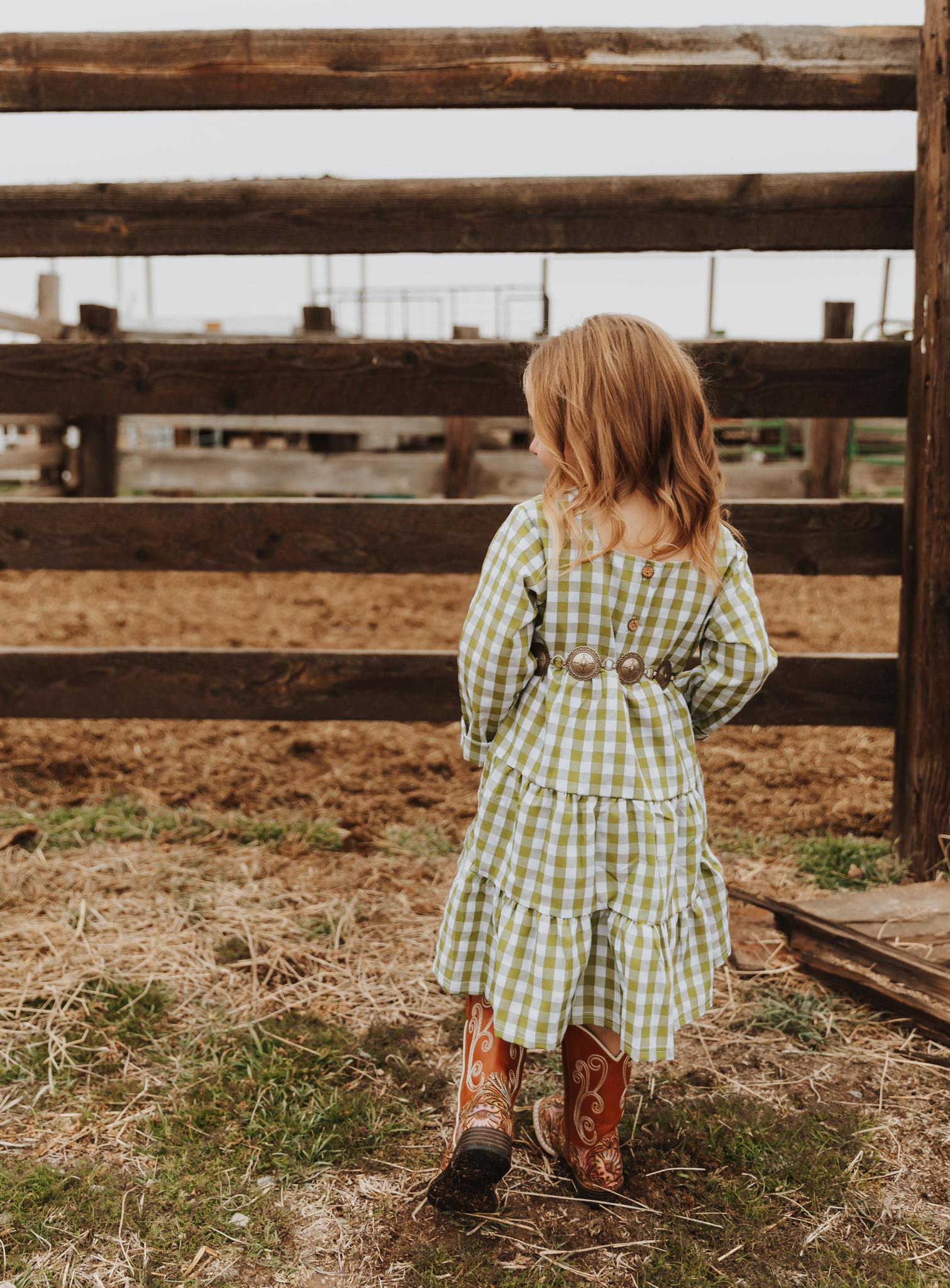 GIRLS GREEN CHECK TIERED DRESS