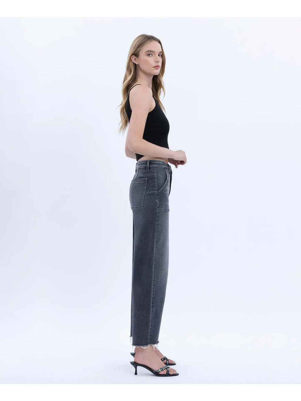 High Rise Raw Hem Crop Utility Barrel Jeans - Beachwood