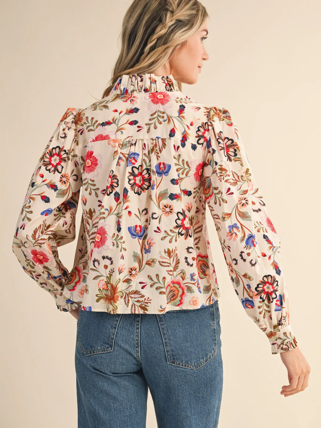Exclusive Floral Print Ruffled Button Down Top - CREAM MULTI