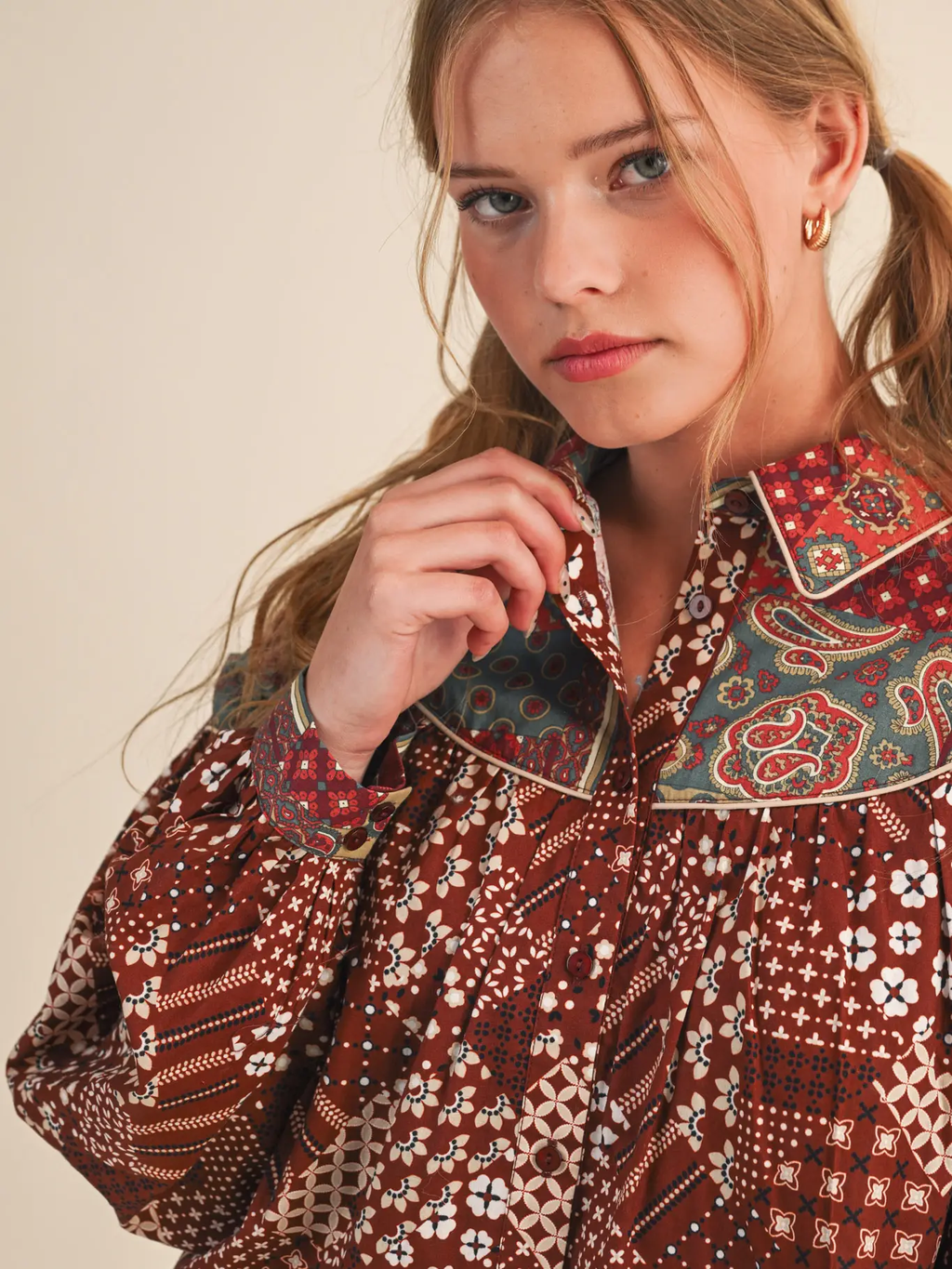 Mixed Patchwork Print Button Down Top - Brick Clay