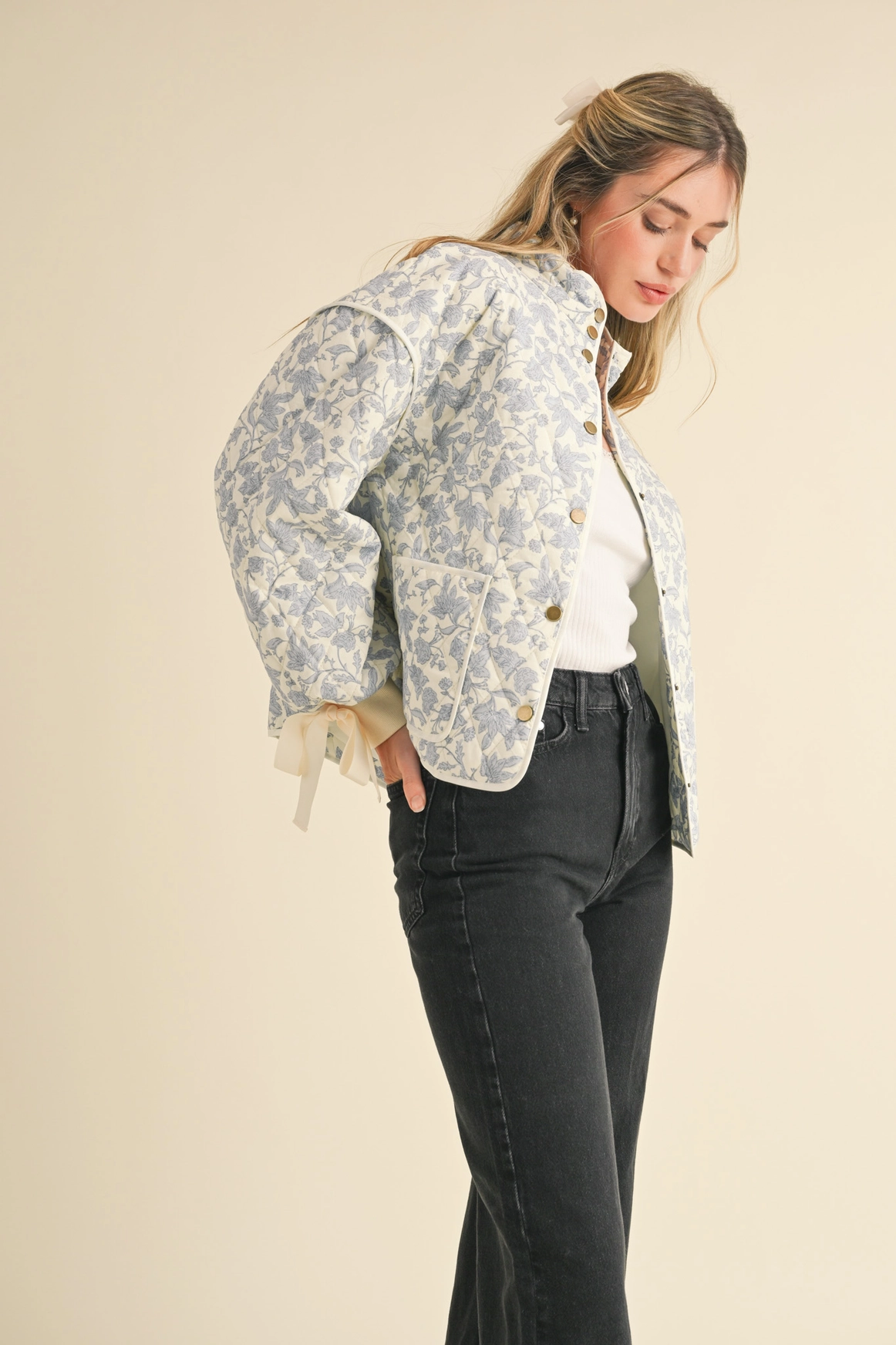 Floral Quilted Jacket with Ribbon Detail MJK3622