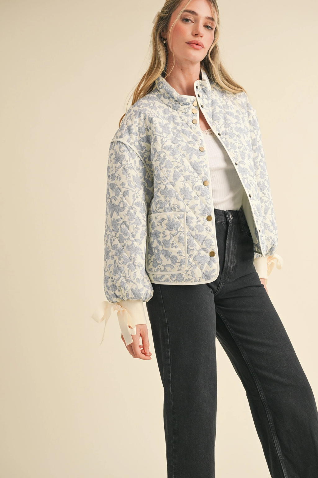 Floral Quilted Jacket with Ribbon Detail MJK3622
