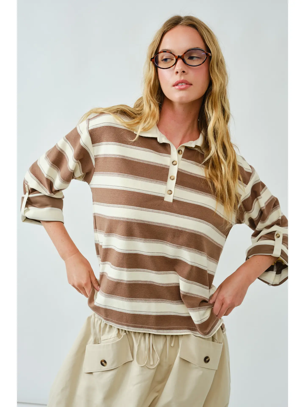 Stripe Polo T Shirt W/Sleeve Adjustable Tab - brown