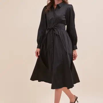 Pintuck Waist Tie Front Midi Dress - Black