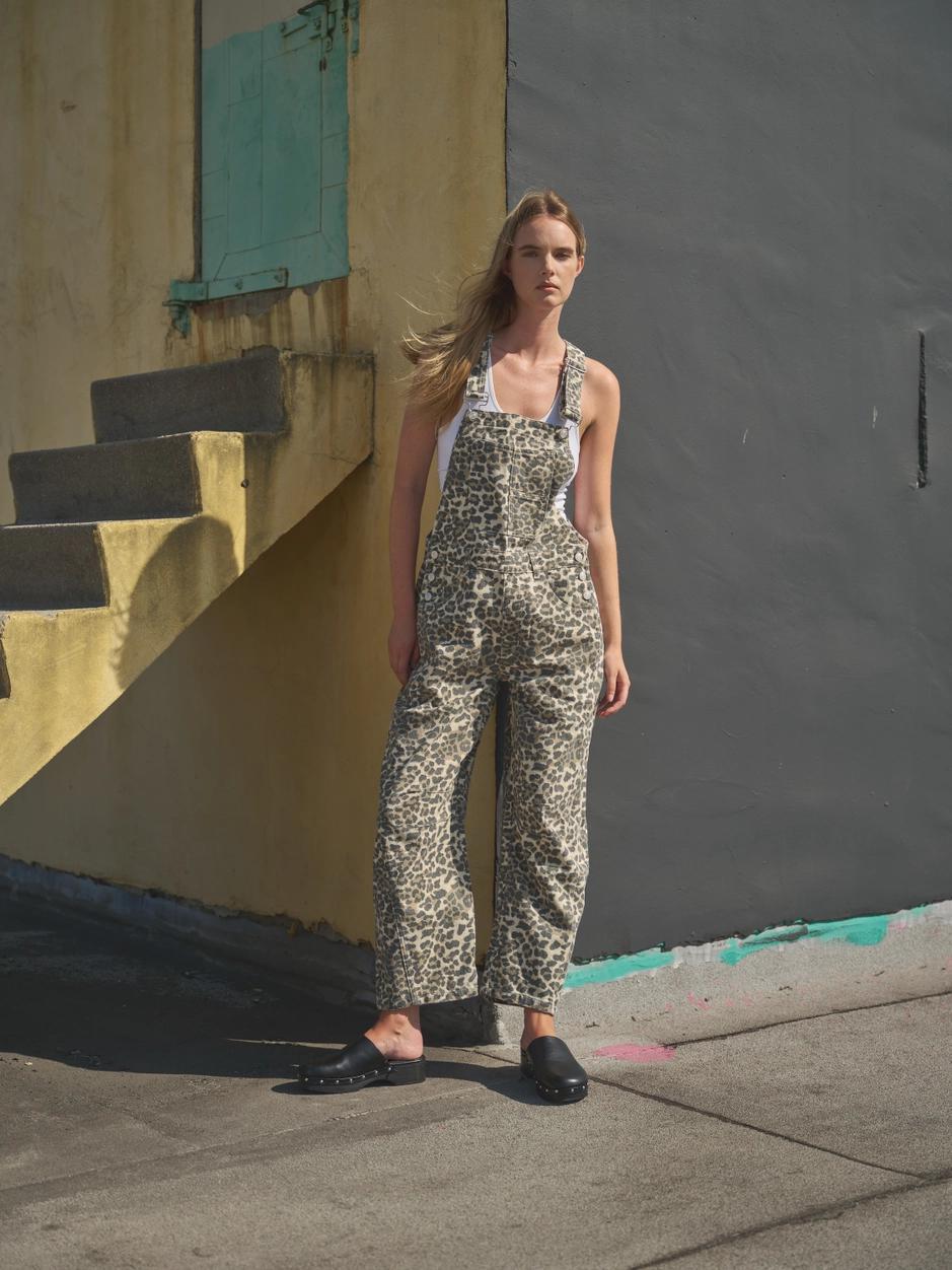 Leopard Print Slouchy Relax Fit Denim Overall