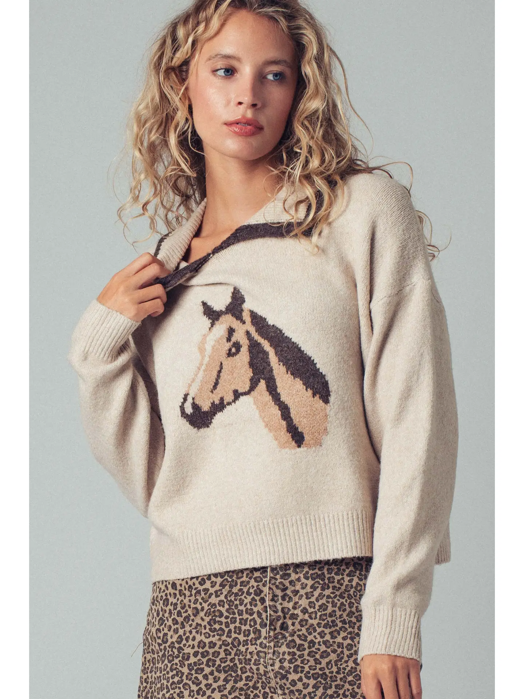 Horse Motif Knit Sweater - TAUPE