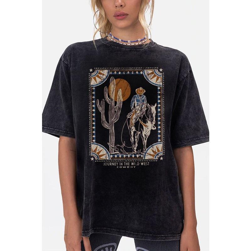 WESTERN COWBOY OVERSIZED MINERAL WASHED T SHIRT - BLACK