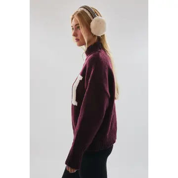 High Neck Oversized Sweater Top - WINE-IVORY