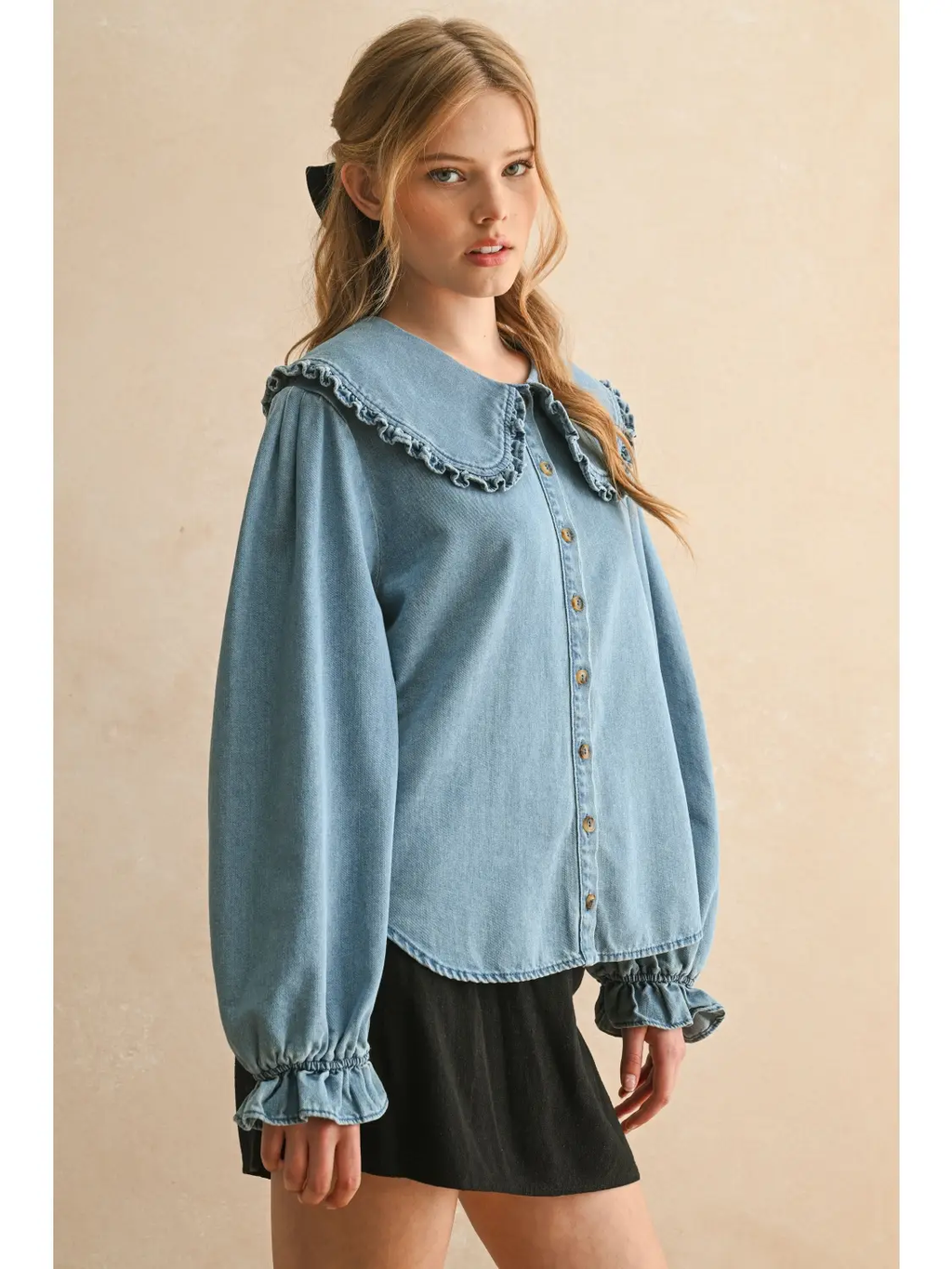 Ruffled Trim Collar Denim Shirts