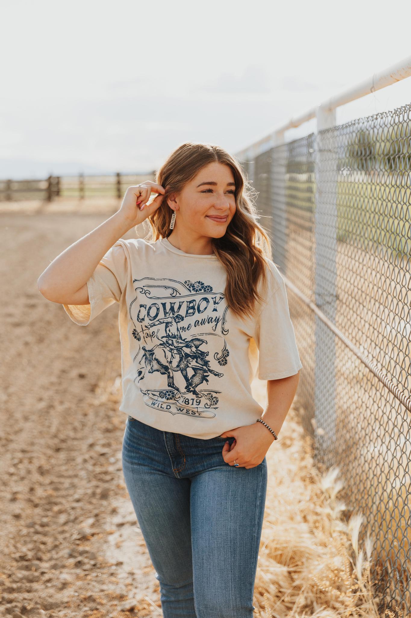 COWBOY TAKE ME AWAY WILD WEST OVERSIZED GRAPHIC TEE - MINERAL OATMEAL