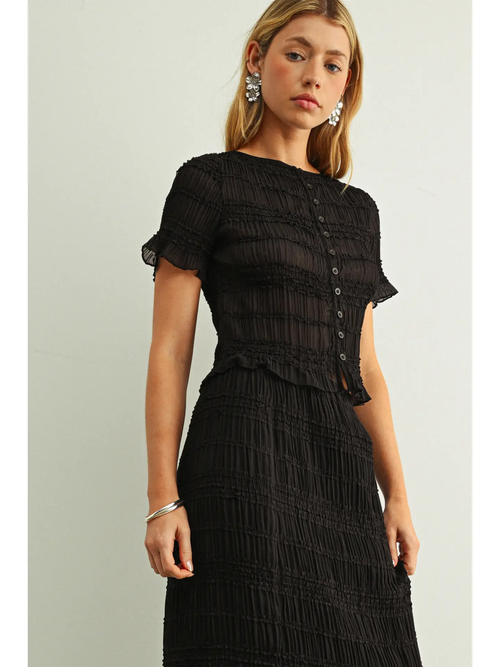 Chiffon Short Sleeve Button Front Top - BLACK