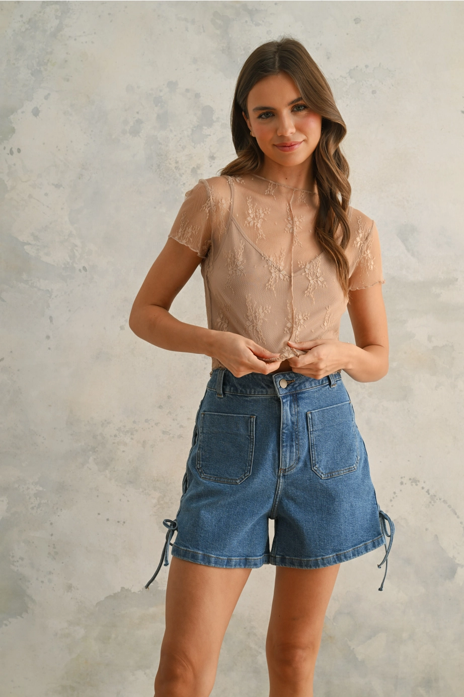 Lace Fabric with Tank Top Lined Top - Tan