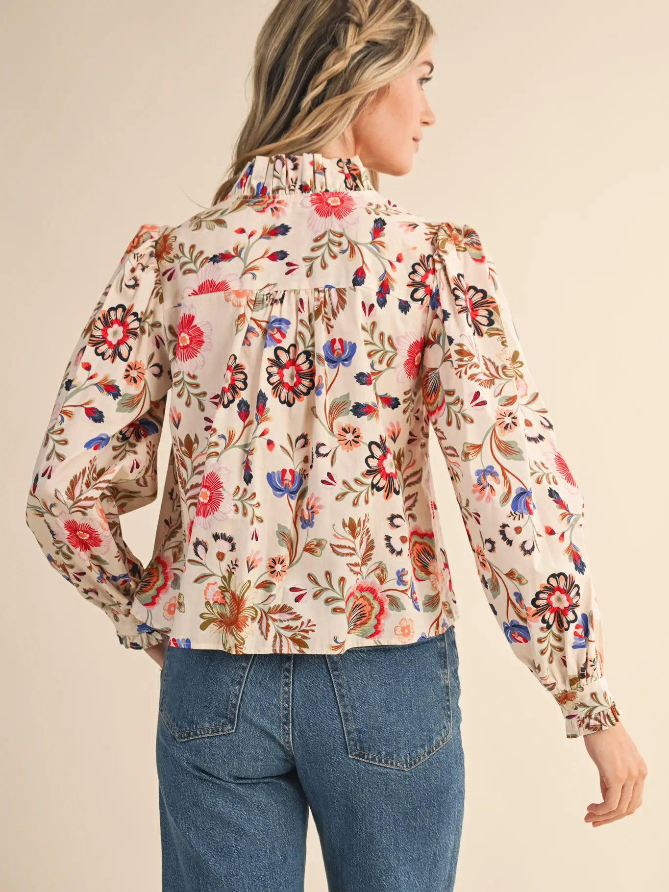 Exclusive Floral Print Ruffled Button Down Top - ASH OLIVE MULTI