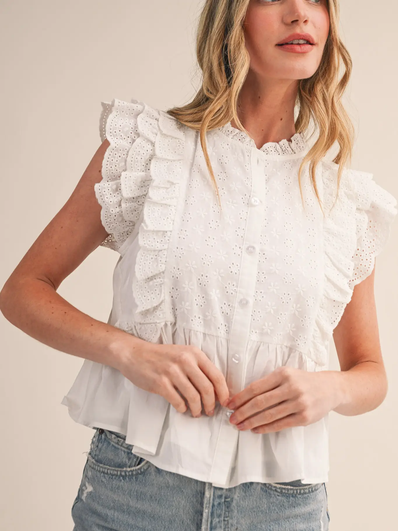 Eyelet Button Down Peplum Top - BLACK