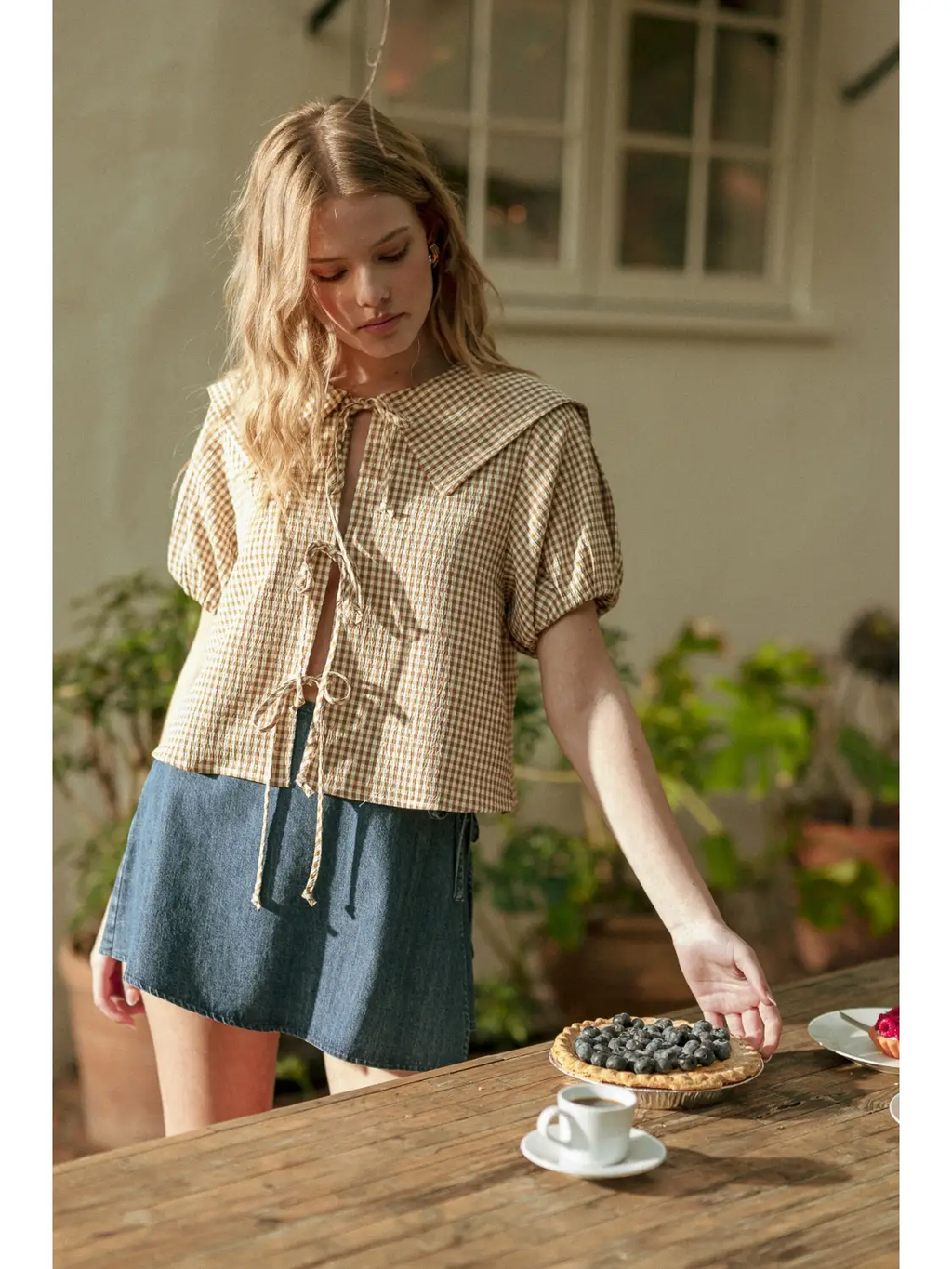 Gingham Pattern Sslv with Tie in Front Top - BLUE