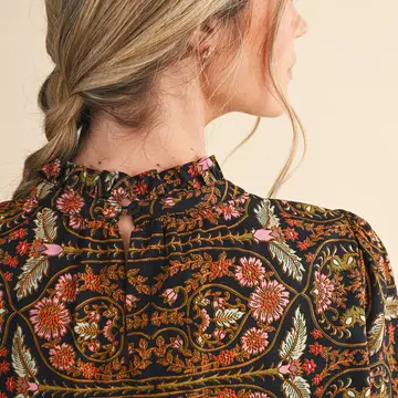 Exclusive Floral Print Top with Floral Trim - BLACK MULTI