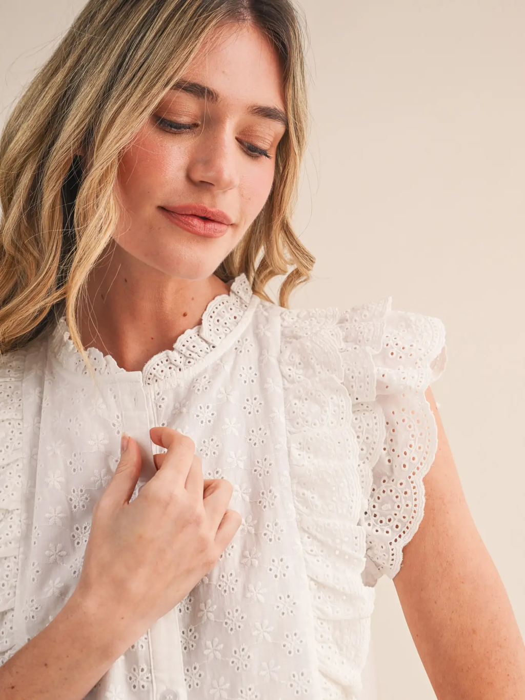 Eyelet Button Down Peplum Top - BLACK