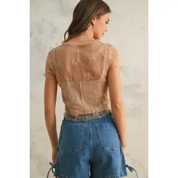 Lace Fabric with Tank Top Lined Top - Tan
