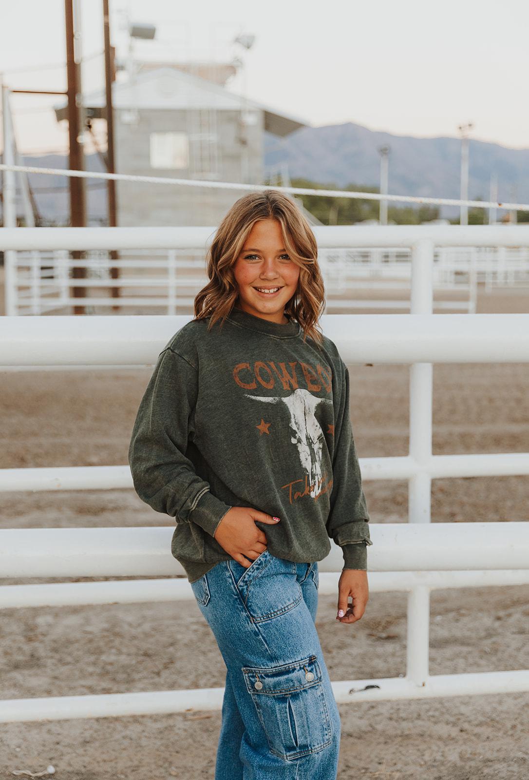 COWBOY TAKE ME AWAY LONG SLEEVE SWEATSHIRT - MINERAL OLIVE