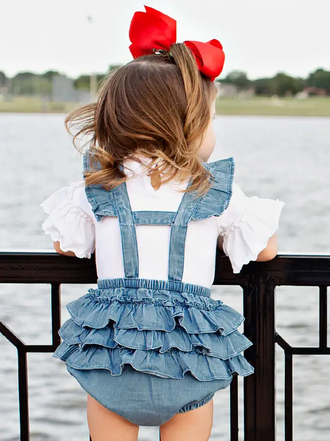 Baby Girls Light Wash Woven Flutter Overall Romper